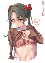 Rule 34 | 1girl, blouse, blush, bra, brown shirt, closed mouth, clothes lift, cropped torso, ebifurya, green eyes, green hair, highres, kantai collection, lifted by self, long hair, long sleeves, navel, one-hour drawing challenge, pink bra, shirt, shirt lift, simple background, solo, spoken blush, twintails, twitter username, underwear, white background, white shirt, zuikaku (kancolle)