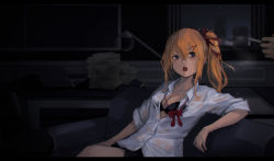 Rule 34 | 1girl, absurdres, black bra, black skirt, blonde hair, blue eyes, blush, bra, breasts, chair, cigarette, cityscape, cleavage, collarbone, collared shirt, couch, desk, elbow rest, girls&#039; frontline, hair between eyes, hair ribbon, highres, holding, holding cigarette, kalina (girls&#039; frontline), lamp, large breasts, leaning back, long hair, long sleeves, looking at viewer, neck ribbon, night, night sky, open mouth, paper, red ribbon, ribbon, shirt, side ponytail, sidelocks, sitting, skirt, sky, smoke, sweap, sweat, sweatdrop, thighs, unbuttoned, unbuttoned shirt, underwear, wet, wet clothes, white shirt, window, yui (92935941)
