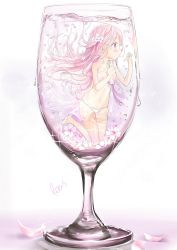 Rule 34 | 1girl, artist name, bare arms, bare legs, bare shoulders, barefoot, blush, cherry blossoms, commentary request, cup, flower, hair flower, hair ornament, highres, in container, in cup, long hair, looking to the side, navel, original, peas (peas0125), pink eyes, pink hair, see-through, signature, solo, submerged, thighs, white background