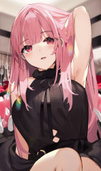 Rule 34 | 1girl, arm up, armpits, black dress, blunt bangs, blush, dress, fur collar, hand in own hair, highres, hololive, hololive english, indoors, long hair, looking at viewer, mori calliope, niii (memstapak), open mouth, pink hair, red eyes, sitting, sleeveless, sleeveless dress, solo, very long hair, virtual youtuber