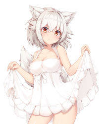 Rule 34 | 1girl, animal ear fluff, animal ears, breasts, cleavage, closed mouth, clothes lift, commentary request, contrapposto, cowboy shot, dress, dress lift, hair between eyes, inubashiri momiji, large breasts, lifted by self, looking at viewer, panties, red eyes, rururiaru, short hair, simple background, sleeveless, sleeveless dress, smile, solo, striped clothes, striped panties, tail, touhou, underwear, white background, white dress, white hair, wolf ears, wolf tail