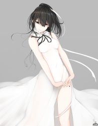 Rule 34 | 1girl, bare shoulders, black eyes, black hair, black ribbon, collar, covered navel, dress, frilled collar, frills, grey background, hair ribbon, highres, long dress, long hair, looking down, mole, mole on thigh, mole under eye, mole under mouth, original, pale skin, ponytail, ribbon, see-through, side slit, solo, suzume (simple0091), very long hair, white dress, white ribbon, wind