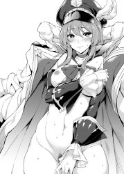 Rule 34 | 10s, 1girl, blush, breasts, coat, detached sleeves, female pubic hair, fur trim, granblue fantasy, greyscale, hat, highres, jacket, jacket on shoulders, large breasts, lecia (granblue fantasy), long hair, looking at viewer, monochrome, mushi024, naked coat, nipples, nude, peaked cap, pubic hair, solo, sweat