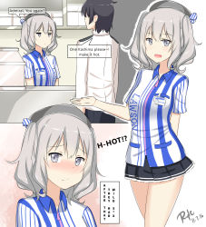Rule 34 | 10s, 1boy, 1girl, absurdres, adapted costume, admiral (kancolle), alternate costume, arm behind back, artist name, beret, black hair, blush, comic, commentary, dated, employee uniform, english text, eyebrows, grey eyes, grey hair, hat, highres, indoors, jitome, kantai collection, kashima (kancolle), lawson, long sleeves, meme, military, military uniform, miniskirt, open mouth, ribbon, ryle, short sleeves, signature, skirt, speech bubble, striped ribbon, they had lots of sex afterwards (meme), twintails, uniform, upper body, white background