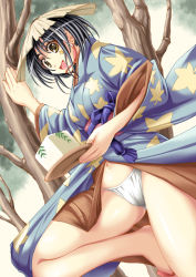 Rule 34 | 1girl, :d, black hair, brown eyes, cameltoe, chin strap, dutch angle, eyebrows, facial mark, food, from below, hat, holding, japanese clothes, kimono, leaf print, navel, no socks, open mouth, panties, plate, rice hat, sandals, shiruko, smile, solo, tofu, tree, underwear, zouri