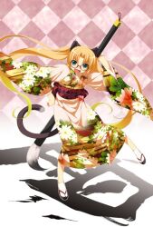 Rule 34 | 1girl, animal ears, atelier-moo, blonde hair, calligraphy brush, cat ears, cat tail, full body, glasses, green eyes, hand on own hip, holding, japanese clothes, kimono, long hair, machida madoka, machidake, new year, open mouth, paintbrush, sandals, smile, solo, tail, twintails, zouri