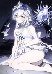 Rule 34 | 1girl, absurdres, ahoge, arknights, bare shoulders, blue flower, breasts, casual one-piece swimsuit, crocodilian tail, flower, hair between eyes, hair flower, hair ornament, head wreath, highres, long hair, looking at viewer, md5 mismatch, molyb, night, night sky, official alternate costume, one-piece swimsuit, pointy ears, revision, sky, small breasts, solo, star (sky), starry sky, swimsuit, tail, thigh strap, tomimi (arknights), tomimi (silent night) (arknights), white flower, white hair, white one-piece swimsuit, yellow eyes
