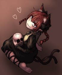 Rule 34 | 1girl, animal ears, blush, brown eyes, brown hair, cat ears, cat tail, dress, heart, highres, kaenbyou rin, looking at viewer, miata (miata8674), multiple tails, pointy ears, simple background, sitting, skull, smile, solo, tail, touhou, wariza