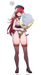 1girl bouquet flower goddess_of_victory:_nikke hat heart highres holding holding_bouquet official_alternate_design official_alternate_hair_color penbob24 rapi_(nikke) rapi_(red_hood)_(nikke) red_eyes red_hair simple_background solo speech_bubble thighhighs thighs white_background