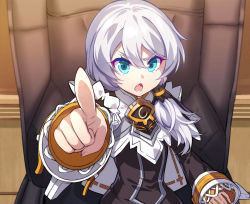 Rule 34 | artist request, benghuai xueyuan, blue eyes, chair, hair between eyes, honkai (series), honkai impact 3rd, indoors, long sleeves, looking at viewer, nun, office chair, official art, open mouth, pointing, pointing at viewer, side ponytail, sitting, solo, swivel chair, teeth, theresa apocalypse, theresa apocalypse (valkyrie pledge), v-shaped eyebrows, white hair