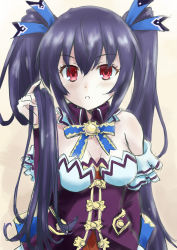 Rule 34 | bare shoulders, black hair, breasts, cleavage, collar, confused, dress, highres, jacket, jewelry, kow (kow0117), long hair, medium breasts, neptune (series), noire (neptunia), red eyes, ribbon, ring, surprised, tsundere, twintails