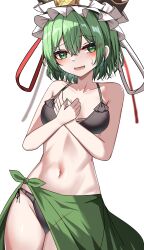 1girl absurdres alternate_costume bikini black_bikini black_hat blush breasts commentary_request cowboy_shot flying_sweatdrops frilled_hat frills green_eyes green_hair green_sarong hat highres kiui_(dagk8254) looking_at_viewer navel open_mouth sarong shiki_eiki short_hair simple_background small_breasts solo swimsuit touhou variant_set white_background