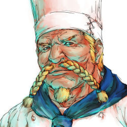 Rule 34 | 1boy, baratie, beanie, blonde hair, blue eyes, chef, chef hat, east blue, facial hair, hat, looking at viewer, lowres, male focus, one piece, red-leg zeff, solo, toque blanche, ucchinu