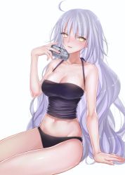 Rule 34 | 1girl, ahoge, alcohol, bare shoulders, beer, beer can, blonde hair, breasts, can, cleavage, drink can, fate/apocrypha, fate/grand order, fate (series), highres, jeanne d&#039;arc (fate), jeanne d&#039;arc alter (avenger) (fate), jeanne d&#039;arc alter (fate), long hair, looking at viewer, midriff, navel, nipi27, no pants, panties, silver hair, sitting, smile, solo, underwear, very long hair, yellow eyes