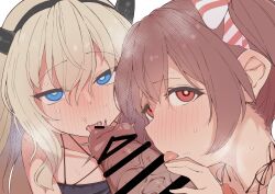 Rule 34 | 1boy, 2girls, absurdres, blonde hair, blue eyes, blush, brown hair, censored, fake horns, fellatio, ffm threesome, grecale (kancolle), group sex, hair between eyes, hair ribbon, halloween costume, highres, horns, kantai collection, libeccio (kancolle), licking, licking penis, long hair, looking at viewer, multiple girls, official alternate costume, oral, penis, red eyes, ribbon, saliva, shiawase hougan, simple background, striped, striped ribbon, threesome, tongue, tongue out, twintails, veins, veiny penis, white background