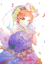 Rule 34 | 1girl, absurdres, artist name, artist request, back bow, bare shoulders, bouquet, bow, breasts, cherry blossoms, choker, cleavage, collarbone, dress, earrings, female focus, flower, gloves, green eyes, hair between eyes, hair flower, hair ornament, highres, holding, holding bouquet, hoshizora rin, jewelry, looking at viewer, love live!, love live! school idol festival, love live! school idol project, love wing bell, love wing bell (love live!), miniskirt, one eye closed, orange flower, orange hair, parted lips, pink bow, pink skirt, plaid, plaid dress, plaid skirt, pleated, pleated dress, pleated skirt, pom pom (clothes), pom pom hair ornament, purple flower, short dress, short hair, skirt, sleeveless, sleeveless dress, smile, solo, strapless, strapless dress, veil, wedding dress, white background, white choker, white dress, white flower, white gloves, white skirt, white veil, white wrist cuffs, wrist cuffs, yellow eyes, yellow flower