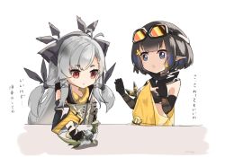 Rule 34 | 2girls, arknights, artist name, bandeau, bare shoulders, black gloves, black hair, commentary request, detached sleeves, dress, eunectes (arknights), gloves, goggles, goggles on head, hair ornament, hands up, highres, kotayo, leaf (arknights), long hair, long sleeves, low-tied long hair, multiple girls, pointy ears, red eyes, short hair, silver hair, translation request, upper body, weedy (arknights), white background