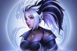 Rule 34 | 1girl, absurdres, akali, alisa nilsen, black choker, black coat, black hair, breasts, choker, coat, eyeshadow, highres, jewelry, large breasts, league of legends, looking at viewer, makeup, mole, mole under eye, multicolored hair, necklace, open clothes, open coat, ponytail, purple eyes, solo, two-tone hair, white hair
