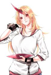 Rule 34 | 1girl, blonde hair, breasts, chain, cup, earrings, head tilt, highres, horns, hoshiguma yuugi, jewelry, large breasts, long hair, looking at viewer, mappe (778exceed), pointy ears, red eyes, sakazuki, shirt, short sleeves, simple background, single horn, sketch, slit pupils, smile, solo, touhou, upper body, white background, wristband