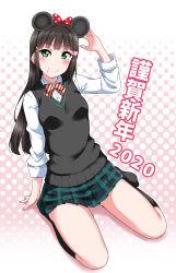 Rule 34 | 1girl, 2020, animal ears, birthday, black hair, black legwear, blunt bangs, breasts, checkered clothes, checkered ribbon, checkered skirt, chinese zodiac, commentary request, flower, full body, green eyes, hair flower, hair ornament, highres, hime cut, kurosawa dia, long hair, long sleeves, looking at viewer, love live!, love live! sunshine!!, mole, mole under mouth, mouse ears, new year, ribbon, seiza, sidelocks, sitting, skirt, sleeves pushed up, small breasts, solo, striped ribbon, translation request, year of the rat, yopparai oni