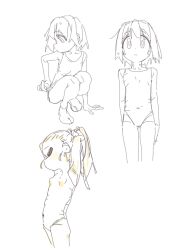 Rule 34 | 2girls, adjusting clothes, barefoot, breasts, closed eyes, closed mouth, commentary, covered navel, cropped legs, expressionless, flat chest, from side, hair pulled back, highres, hozuki momiji, long hair, looking back, monochrome, multiple girls, multiple views, one-piece swimsuit, onii-chan wa oshimai!, oyama mahiro, ponytail, short hair, simple background, sketch, small breasts, squatting, standing, swimsuit, tying hair, wet, wet hair, white background, yana (muuimiingan)
