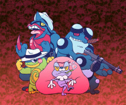 Rule 34 | 10s, cigar, clothed pokemon, creatures (company), ditto, froakie, frog, game freak, gen 1 pokemon, gen 2 pokemon, gen 4 pokemon, gen 5 pokemon, gen 6 pokemon, grin, gun, hat, middle finger, nintendo, no humans, pokemon, pokemon (creature), pokemon xy, politoed, princefroggy, seismitoad, sitting, skull, smile, smoking, standing, tongue, tongue out, toxicroak, weapon, yellow eyes
