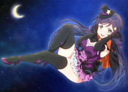 Rule 34 | 1girl, black capelet, black gloves, black thighhighs, blush, breasts, capelet, cleavage, commentary, crescent moon, dancing stars on me!, dot nose, dress, elbow gloves, floating, foreshortening, gloves, green eyes, hair between eyes, hair ornament, hair ribbon, hands up, hat, knee up, large breasts, long hair, looking at viewer, love live!, love live! school idol project, low twintails, mini hat, moon, open mouth, purple dress, purple hair, purple ribbon, ribbon, round teeth, skull573, smile, solo, space, star (symbol), star hair ornament, star print, teeth, thighhighs, thighs, tojo nozomi, twintails, upper teeth only, witch hat
