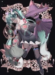 Rule 34 | 1girl, black background, black skirt, black sleeves, black thighhighs, blue necktie, colored sclera, commentary, creatures (company), detached arm, detached legs, detached sleeves, dusk ball, floating, game freak, gen 2 pokemon, gen 4 pokemon, ghost miku (project voltage), glitch, grey shirt, hair between eyes, hatsune miku, highres, misdreavus, mismagius, necktie, nintendo, poke ball, pokemon, pokemon (creature), print sleeves, project voltage, red eyes, reo (mmocc123), see-through, see-through skirt, shirt, simple background, skirt, sleeveless, sleeveless shirt, sleeves past fingers, sleeves past wrists, thighhighs, twintails, vocaloid, yellow sclera