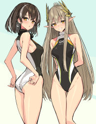 Rule 34 | 2girls, alternate costume, arknights, arms behind back, black one-piece swimsuit, blush, breasts, brown hair, competition swimsuit, covered navel, cowboy shot, earrings, facing away, feather hair ornament, feathers, gradient background, groin, hair ornament, highres, jewelry, long hair, looking at viewer, magallan (arknights), medium breasts, muelsyse (arknights), multicolored hair, multiple girls, one-piece swimsuit, open mouth, pointy ears, rhine lab logo, short hair, sigm@, smile, streaked hair, swimsuit, teeth, very long hair, yellow eyes