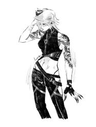 Rule 34 | 1girl, abs, arm tattoo, belt, blush, chest harness, claws, closed mouth, commentary, english commentary, feet out of frame, greyscale, hand on own head, harness, highleg, highleg panties, highres, lemons on sticks, midriff, monochrome, panties, pants, path to nowhere, shirt, short hair, shoulder tattoo, sleeveless, sleeveless shirt, solo, tattoo, toned female, underwear, zoya (path to nowhere)