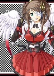 Rule 34 | brown hair, character request, dress, green eyes, holding, holding riding crop, magic: the gathering, minazuki jiyun, red dress, riding crop, smile, solo, whip, white wings, wings