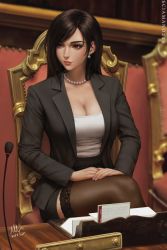 Rule 34 | 1girl, 2022, alternate costume, artist name, black hair, black jacket, black skirt, black thighhighs, breasts, brown hair, chair, cleavage, closed mouth, commentary, crossed legs, dated, desk, earrings, english commentary, female focus, final fantasy, final fantasy vii, final fantasy vii remake, formal, hair behind ear, hand on own thigh, highres, indoors, italian senate porn livestream (meme), italian senate porn livestream (meme), jacket, jewelry, large breasts, lips, long hair, looking to the side, meme, microphone, miniskirt, necklace, office lady, paper, parted bangs, pearl earrings, pearl necklace, red eyes, sciamano240, shirt, shirt tucked in, signature, sitting, skirt, solo, square enix, suit, suit jacket, thighhighs, tifa lockhart, white shirt, zettai ryouiki