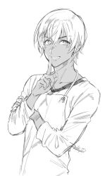 Rule 34 | 1boy, apron, collarbone, commentary, commentary request, dark skin, finger to mouth, hair between eyes, hand on own arm, hands up, hayama akira, lineart, looking at viewer, male focus, monochrome, shirt, shokugeki no souma, short hair, shushing, signature, smile, solo, upper body, white background, zekkyou (h9s9)