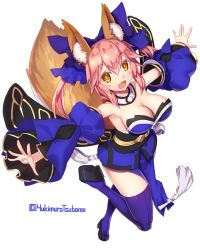 Rule 34 | 10s, 1girl, animal ears, blue thighhighs, bow, breasts, cleavage, detached sleeves, fang, fate/extra, fate/grand order, fate (series), fox ears, fox tail, full body, hair bow, hair ribbon, japanese clothes, large breasts, open mouth, pink hair, platform clogs, ribbon, simple background, solo, tail, tamamo no mae (fate/extra), thighhighs, white background, yellow eyes, yukimura tsubame
