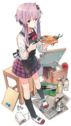 Rule 34 | 1girl, apple, apron, black apron, black socks, bow, bowtie, bracelet, collared shirt, commentary request, dot mouth, food, fruit, full body, furrowed brow, hair ornament, hands up, hitogome, holding, holding paintbrush, holding palette, jewelry, kneehighs, light purple hair, looking at viewer, newspaper, paint, paint can, paintbrush, palette (object), plaid, plaid skirt, pleated skirt, purple skirt, red bow, red bowtie, red eyes, shirt, shoes, short hair with long locks, sideways glance, sketchbook, skirt, sleeves rolled up, socks, solo, stool, toilet paper, uwabaki, vocaloid, voiceroid, white background, white shirt, yuzuki yukari