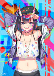 Rule 34 | 1girl, :d, arm behind head, armpits, arms up, artist name, bare shoulders, black choker, black hair, black hat, black shorts, blush, bob cut, breasts, cenangam, choker, cleavage, collarbone, commentary request, crop top, crop top overhang, facial mark, fate/grand order, fate (series), hat, heart, heart necklace, horns, jacket, jewelry, long sleeves, looking at viewer, midriff, navel, necklace, off shoulder, open clothes, open jacket, open mouth, purple eyes, shirt, short hair, shorts, shuten douji (fate), sidelocks, skin-covered horns, sleeveless, sleeveless shirt, sleeves past wrists, smile, solo, star (symbol), stomach, teeth, thick eyebrows, upper body, upper teeth only, white shirt