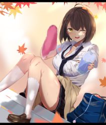 Rule 34 | 1girl, absurdres, ahoge, azur lane, bag, baltimore (after-school ace) (azur lane), black necktie, black skirt, blush, bottle, breasts, brown footwear, brown hair, cleavage, collared shirt, commentary request, dress shirt, hair between eyes, highres, large breasts, leaf, loose necktie, mattyazuki, necktie, one eye closed, open mouth, outstretched arm, pleated skirt, school bag, shirt, short hair, short sleeves, sitting, skirt, socks, solo, sweat, thighs, tied sweater, towel, water bottle, white shirt, white socks, yellow eyes