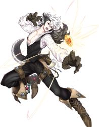 Rule 34 | 1boy, animal ears, attack, black hair, boots, fire emblem, fire emblem fates, fire emblem heroes, gloves, highres, keaton (fire emblem), long hair, looking at viewer, multicolored hair, nintendo, official art, open mouth, pants, red eyes, shirt, solo, tail, tight clothes, tight pants, transparent background, two-tone hair, white hair, wolf ears, wolf tail