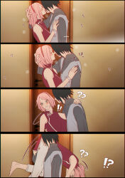Rule 34 | !?, 1boy, 1girl, 4koma, ?, ??, absurdres, arm around neck, barefoot, black hair, boruto: naruto next generations, carrying, carrying over shoulder, carrying person, chinese commentary, comic, commentary request, door, french kiss, grey vest, haruno sakura, hetero, highres, husband and wife, kiss, motion lines, naruto (series), niku (ni23ku), noses touching, silent comic, uchiha sasuke, vest