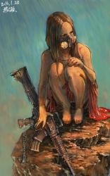 Rule 34 | 1girl, absurdres, bare arms, bare legs, bare shoulders, barefoot, blue background, brown eyes, brown hair, commentary, dated, dog tags, dress, gas mask, gun, highres, holding, holding gun, holding weapon, long hair, looking away, looking to the side, mask, mouth mask, on rock, red dress, signature, solo, squatting, submachine gun, weapon, zennosuke