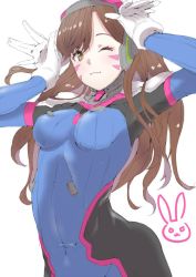 Rule 34 | 1girl, ;), ;3, armor, bad id, bad twitter id, bodysuit, boots, breasts, brown eyes, brown hair, covered navel, d.va (overwatch), facepaint, facial mark, gloves, hands up, headphones, high collar, hrk173, long hair, looking at viewer, medium breasts, one eye closed, overwatch, overwatch 1, pilot suit, rabbit pose, shoulder pads, simple background, smile, solo, turtleneck, upper body, whisker markings, white background, white footwear, white gloves