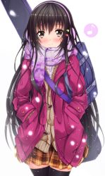 Rule 34 | 1girl, bag, black hair, black thighhighs, blush, brown eyes, buttons, cardigan, coat, cowboy shot, duffel coat, earmuffs, floral print, guitar case, hair ornament, hairclip, hands in pockets, highres, instrument case, light particles, long hair, long sleeves, looking at viewer, musical note, open clothes, open coat, original, plaid, plaid skirt, pleated skirt, purple scarf, quaver, red coat, scarf, school bag, shoulder bag, simple background, skirt, smile, solo, speech bubble, spoken musical note, swordsouls, thighhighs, white background, winter clothes, zettai ryouiki