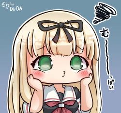 Rule 34 | :i, :t, asimo953, black ribbon, black serafuku, blonde hair, chibi, commentary request, green eyes, grey background, hair ribbon, hands on own face, highres, kantai collection, kantai collection (anime), long hair, o3o, poi face, ribbon, school uniform, serafuku, simple background, straight hair, translation request, yuudachi (kancolle)