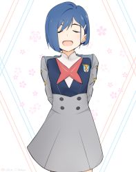 Rule 34 | :d, arms behind back, artist name, black dress, blue hair, bob cut, cherry blossoms, closed eyes, commentary, cowboy shot, darling in the franxx, dress, facing viewer, grey dress, hair ornament, hair over one eye, hair strand, hairclip, ichigo (darling in the franxx), open mouth, raised eyebrows, red neckwear, short hair, smile, smug, solo, twitter username, uniform, v arms, white background, youjo climber