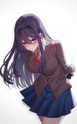 Rule 34 | 1girl, arms behind back, blue skirt, blush, combat knife, doki doki literature club, eyelashes, glint, grey background, hair between eyes, hair ornament, hairclip, highres, holding, holding knife, holding weapon, knife, long hair, looking at viewer, onyang, parted lips, purple eyes, purple hair, red ribbon, ribbon, school uniform, signature, skirt, smile, solo, weapon, yuri (doki doki literature club)