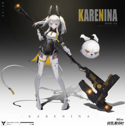 Rule 34 | 1girl, 1other, absurdres, animal ears, artist name, asymmetrical bangs, black bodysuit, black thighhighs, bodysuit, character name, copyright name, divo233, fake animal ears, grey hair, headgear, highres, holding, holding weapon, huge weapon, karenina: scire (punishing: gray raven), karenina (punishing: gray raven), logo, long hair, mechanical arms, navel, pouch, punishing: gray raven, rabbit, rabbit ears, sidelocks, tachi-e, thigh pouch, thighhighs, twintails, two-handed, two-tone bodysuit, war hammer, weapon, white bodysuit