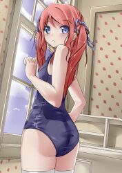 Rule 34 | 1girl, ass, blue eyes, blue one-piece swimsuit, breasts, commentary, english commentary, from side, hair ribbon, highres, looking at viewer, one-piece swimsuit, original, red hair, ribbon, small breasts, solo, swimsuit, thighhighs, twintails, white thighhighs, window, xiffy