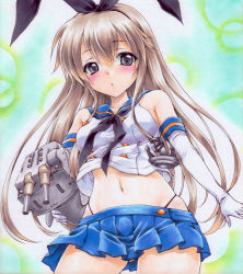 Rule 34 | 10s, 1girl, :3, :o, anchor hair ornament, bare shoulders, blue skirt, blush, brown hair, elbow gloves, gloves, gradient background, hair ornament, hairband, kantai collection, long hair, looking at viewer, marker (medium), midriff, millipen (medium), navel, pastel (medium), purple eyes, ren (endscape20), rensouhou-chan, shimakaze (kancolle), skirt, solo, standing, traditional media, white gloves