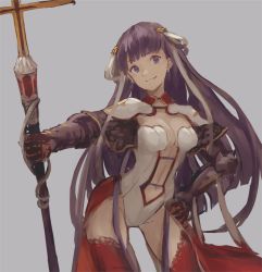 Rule 34 | 1girl, blue eyes, breasts, cleavage, earrings, fate/grand order, fate (series), gauntlets, grey background, highres, holding, holding staff, jewelry, kouzuki kei, large breasts, leotard, long hair, looking at viewer, martha (fate), navel, parted lips, purple hair, red thighhighs, simple background, smile, solo, staff, thighhighs, white leotard