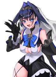 Rule 34 | 1girl, absurdres, black gloves, blue eyes, blue hair, blue ribbon, blush, bow, bow earrings, breasts, chain headband, detached sleeves, earrings, english text, fang, fangs, gloves, hair between eyes, hair intakes, heart-shaped gem, highres, hololive, hololive english, jewelry, koizumi arata, large breasts, looking at viewer, open mouth, ouro kronii, ouro kronii (1st costume), ribbon, ribbon earrings, short hair, sideboob, skin fang, solo, thighs, underboob, upper body, virtual youtuber, white veil